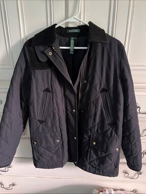 Lauren Ralph Lauren Quilted Black Lightweight Jacket with Corduroy Collar